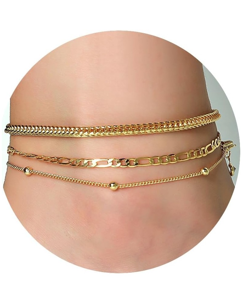 Gold Ankle Bracelets for Women Teen Girls, 18K Gold Plated Dainty Ankles Waterproof Cuban Herringbone Figaro Chain Anklets Se...