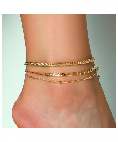 Gold Ankle Bracelets for Women Teen Girls, 18K Gold Plated Dainty Ankles Waterproof Cuban Herringbone Figaro Chain Anklets Se...