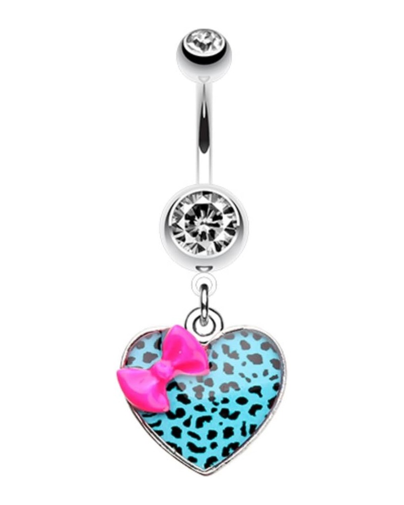 Leopard Pattern Heart Bow WildKlass Belly Button Ring Pink/Teal $10.08 Body Jewelry