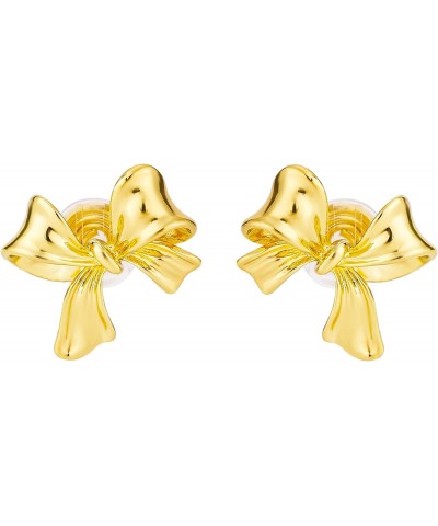 Gold Bow Earrings, French Clip-On Ribbon Ear Earrings Sweet Bow Knot Earrings for Women Girls Jewelry Gift Wear Without Pierc...