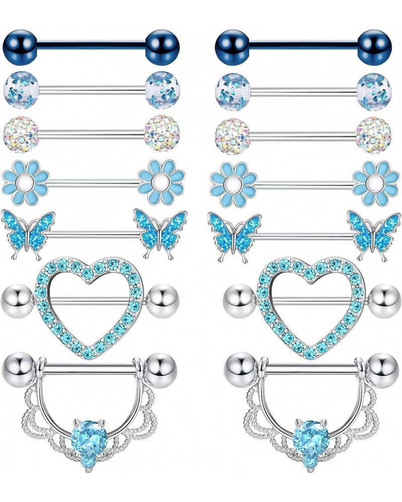 7Pairs 14G Nipple Rings for Women Surgical Steel Nipple Piercing Jewelry CZ Ball Heart Butterfly Flower Nipple Tongue Barbell...