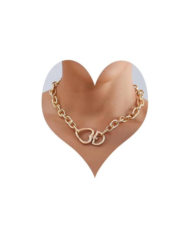 2PCS Chunky Gold Plated Heart Chain Choker Bracelet Necklace Set Chunky Choker Link Chain Heart Pendant Necklace Bracelet Val...