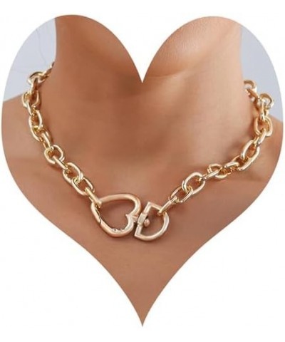 2PCS Chunky Gold Plated Heart Chain Choker Bracelet Necklace Set Chunky Choker Link Chain Heart Pendant Necklace Bracelet Val...