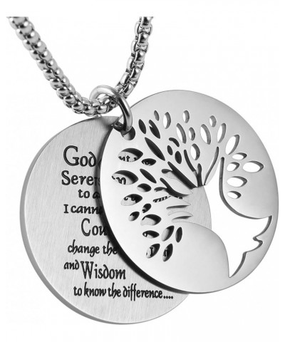 Two Piece Serenity Prayer Stainless Steel Pendant Necklace With Tree Of Life Cut Out 22+2" Chain Round Silver $9.53 Necklaces