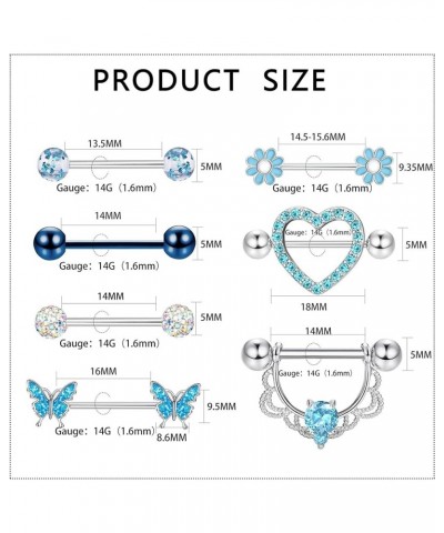 7Pairs 14G Nipple Rings for Women Surgical Steel Nipple Piercing Jewelry CZ Ball Heart Butterfly Flower Nipple Tongue Barbell...