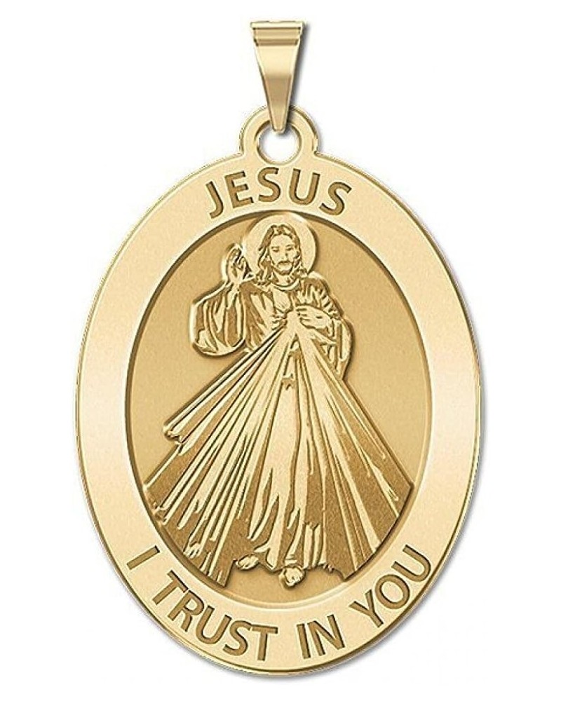 Divine Mercy Religious Medal, Available in Solid 14K Yellow or Sterling Silver Solid 14K Yellow Gold with Engraving Oval - 1/...