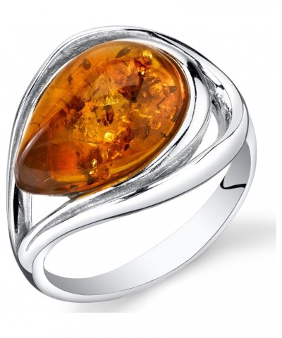 Genuine Baltic Amber Teardrop Statement Ring for Women in Sterling Silver, Rich Cognac Color, Open Halo Swirl Design, Comfort...