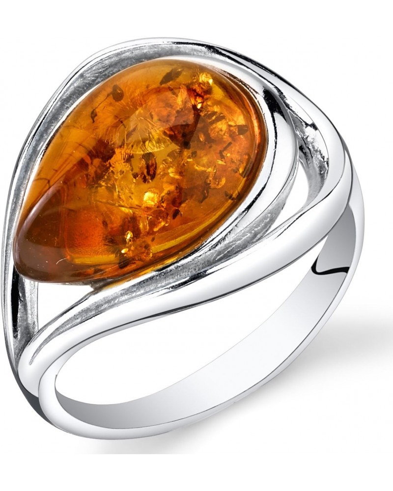 Genuine Baltic Amber Teardrop Statement Ring for Women in Sterling Silver, Rich Cognac Color, Open Halo Swirl Design, Comfort...