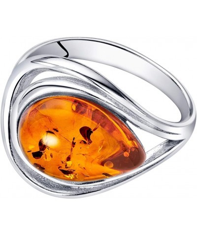 Genuine Baltic Amber Teardrop Statement Ring for Women in Sterling Silver, Rich Cognac Color, Open Halo Swirl Design, Comfort...