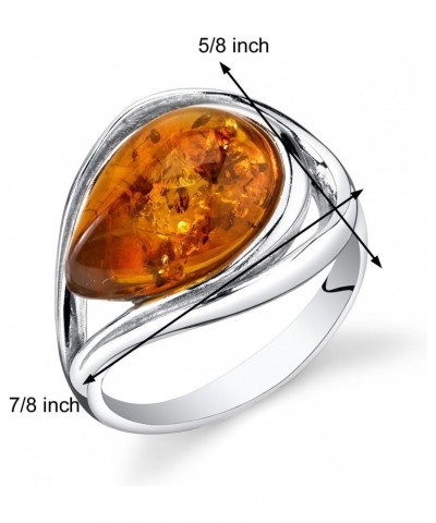 Genuine Baltic Amber Teardrop Statement Ring for Women in Sterling Silver, Rich Cognac Color, Open Halo Swirl Design, Comfort...