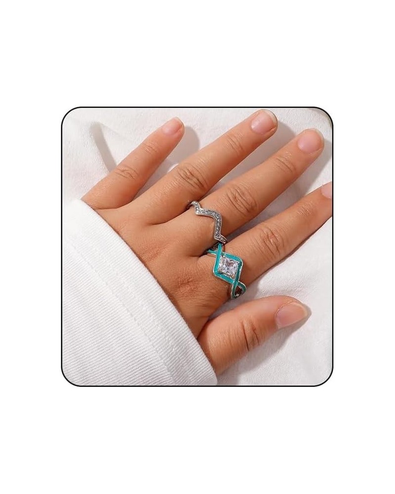 Turquoise Ocean Wave Ring ???????????? ????????????????????, 2????????????/???????????? Boho Blue Enamel Geometric Stackable ...