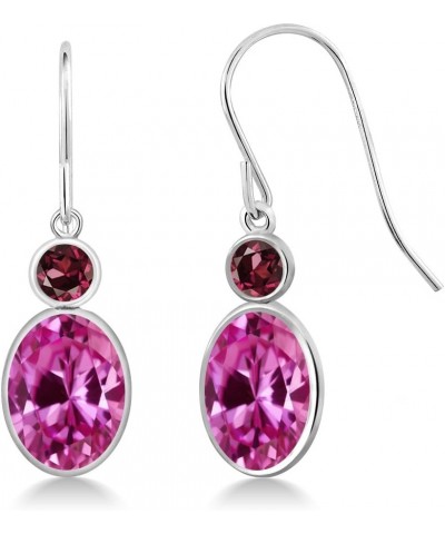 14K White Gold Pink Created Sapphire and Red Rhodolite Garnet Hook French Fish Ear Wire Dangle Earrings For Women (3.54 Cttw,...