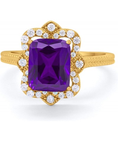 Halo Art Deco Emerald Cut Engagement Bridal Ring Round CZ 925 Sterling Silver Yellow Tone, Simulated Amethyst CZ $16.79 Rings