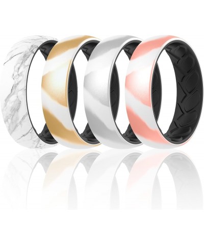 Silicone Wedding Bands for Women, 2 Layer - 5.5mm Width - 2mm Thick Black-WhiteBlackMarble, Black-RoseGoldMarble, Black-White...