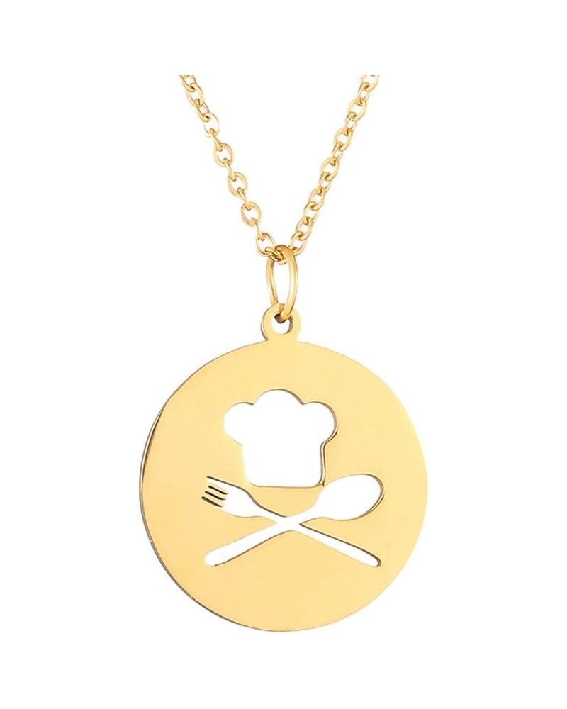 Chef Hat Spoon Fork Round Pendant Necklace Fashion Cooking Jewelry Gold $10.38 Necklaces