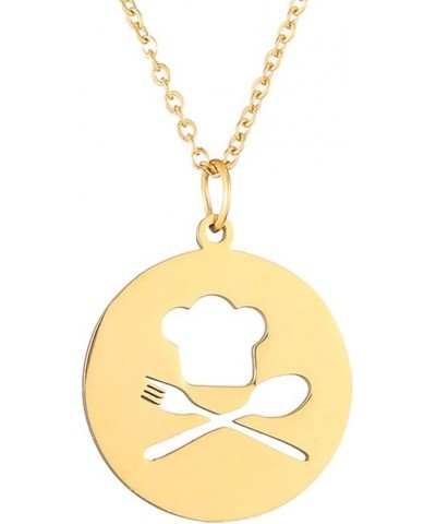 Chef Hat Spoon Fork Round Pendant Necklace Fashion Cooking Jewelry Gold $10.38 Necklaces