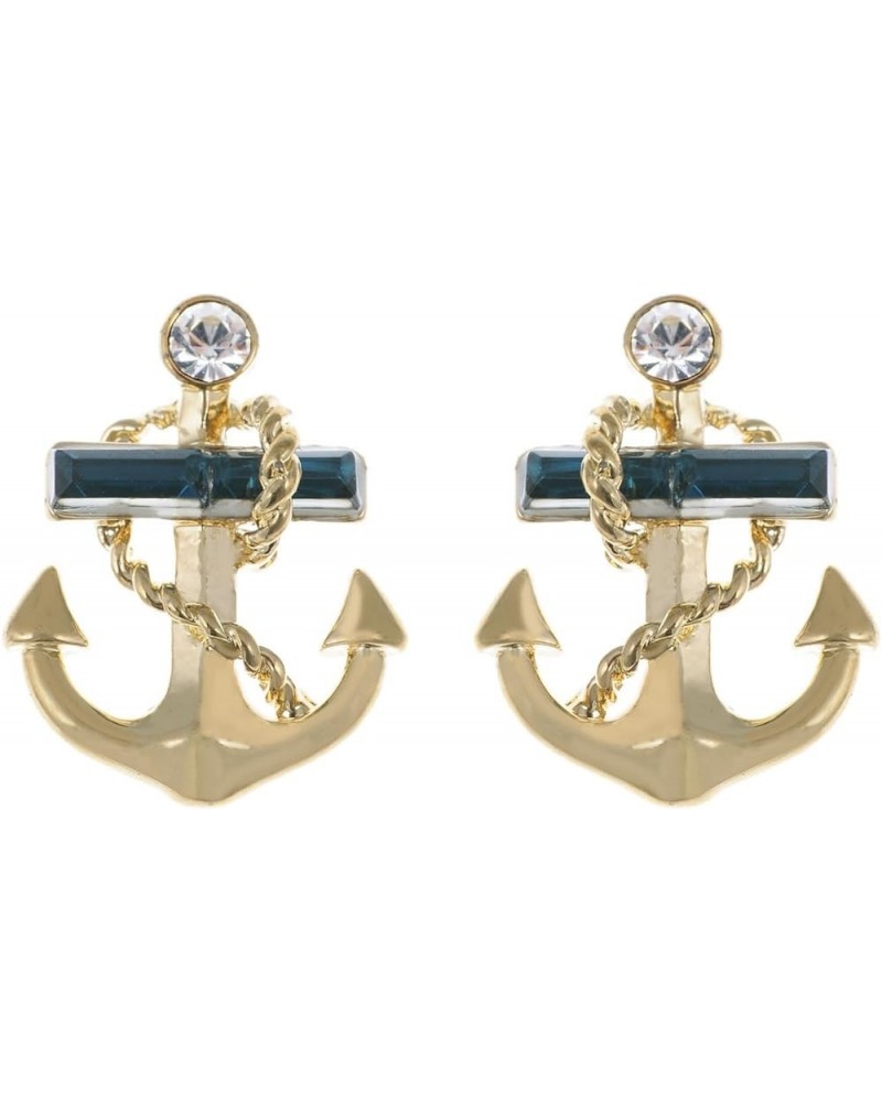 Golden Tone Blue Clear Crystal Rhinestones Nautical Anchor Stud Earrings Gold $10.35 Earrings