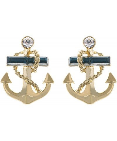 Golden Tone Blue Clear Crystal Rhinestones Nautical Anchor Stud Earrings Gold $10.35 Earrings