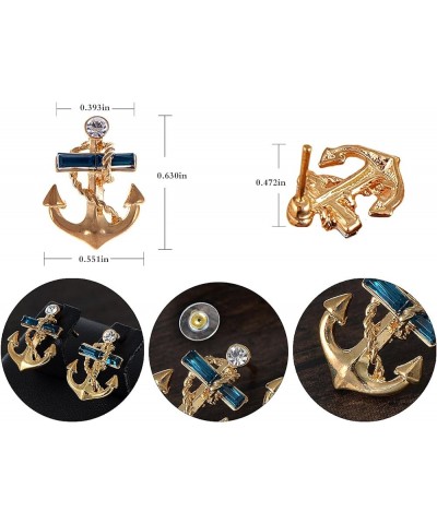 Golden Tone Blue Clear Crystal Rhinestones Nautical Anchor Stud Earrings Gold $10.35 Earrings