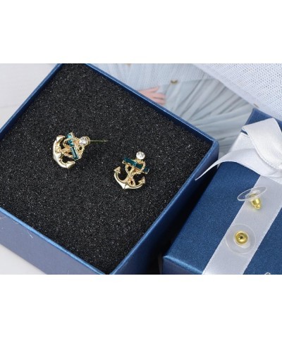 Golden Tone Blue Clear Crystal Rhinestones Nautical Anchor Stud Earrings Gold $10.35 Earrings