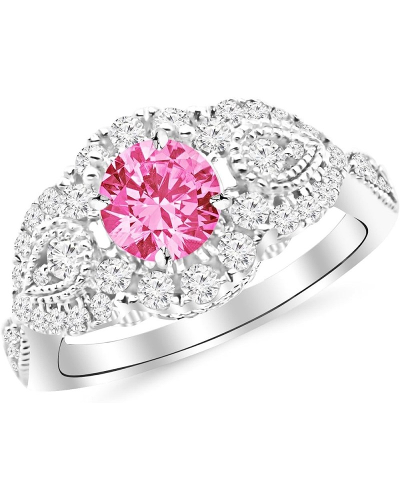 1.5 Carat 14K White Gold Designer Halo Milgrain Diamond Engagement Ring with a 0.75 Carat Natural Pink Sapphire Center (Heirl...