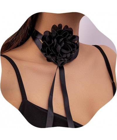 Vintage Flower Rose Choker White Big Rosette Velvet Necklace Silk Gothic Soft Collar Necklace for Women Girls Halloween Black...