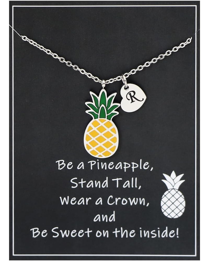 Pineapple Gift Initial Charm Necklace with Message Card Be a Pineapple Stand Tall Wear a Crown Inspirational Gift for Women G...