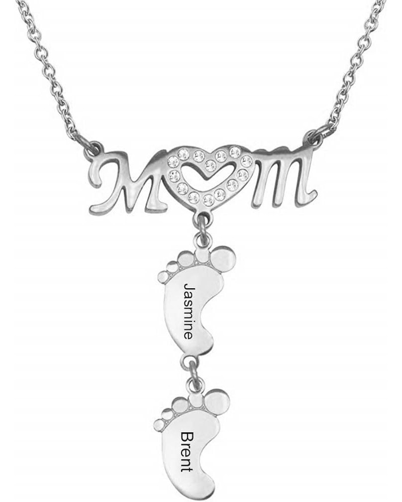 Personalized Name Engraved Cubic Zirconia Heart Mom and Baby Feet Pendant Mother Necklace 5 Feet Silver $18.22 Necklaces