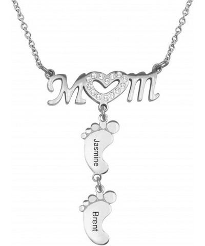 Personalized Name Engraved Cubic Zirconia Heart Mom and Baby Feet Pendant Mother Necklace 5 Feet Silver $18.22 Necklaces