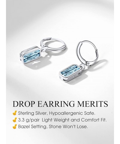 Sterling Silver Small Dainty Birthstone Drop Earrings for Women Girls with Rectangular Baguette Crystal & Huggie Hoop Silver ...