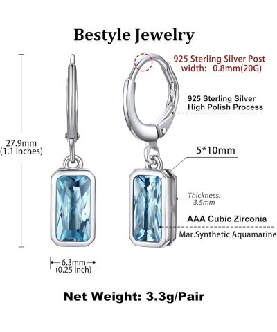 Sterling Silver Small Dainty Birthstone Drop Earrings for Women Girls with Rectangular Baguette Crystal & Huggie Hoop Silver ...