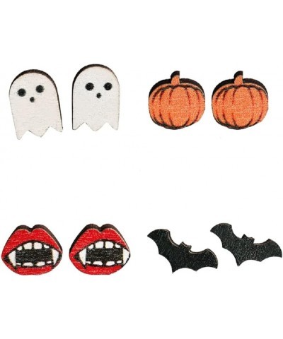 4 Pairs Cute Halloween Ghost Pumpkin Bat Stud Earrings Bulk Vampire Teeth Handmade Wooden Printed for Women Girls Funny Party...