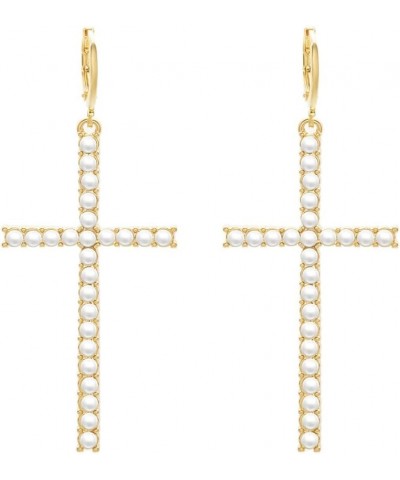 Pearl Cross Earrings Dangle For Women Silver Gold Plated Cute Aesthetic Elegant Dainty Fashion Faux Pearl Cross Earrings Dang...