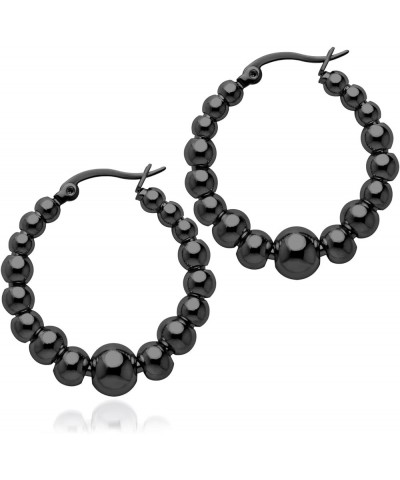 ‎Hypoallergenic Large Stainless Steel Beaded Hoop Earrings for Women Black $10.91 Earrings