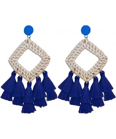 Bohemian Rattan Tassel Earrings Statement Handmade Woven Drop Dangle Fashion Long Square Earrings for Women Girls Blue $6.22 ...