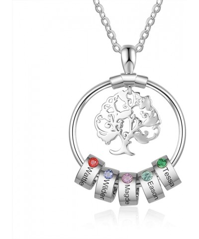 Personalized Tree of Life Necklace for Mom with 1-5 Simulated Birthstones Engraved Charm Bead Pendant Customized Family Name ...