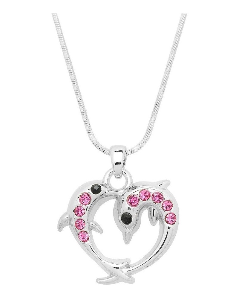 Dolphin Pendant Necklace Rhinestone Crystal Rhodium High Polished Style 11 - Pink $8.63 Necklaces