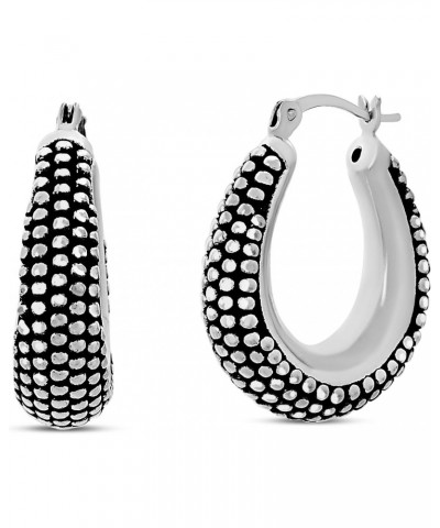 Oxidized Sterling Silver Beaded Texture Oval Black Hoop Earrings for Women $12.04 Earrings