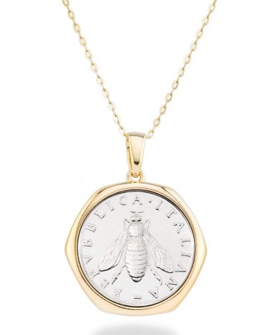 Italian 18K Gold over 925 Sterling Silver Genuine 2-Lira Bee Coin Medallion Pendant Necklace for Women 18 Inch Chain, Made in...