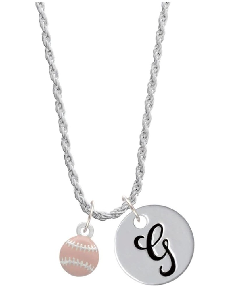 Silvertone Mini Pink Softball or Baseball - Silvertone Script Initial Disc - Charm Necklace, 20"+3 Initial G $15.51 Necklaces