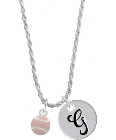 Silvertone Mini Pink Softball or Baseball - Silvertone Script Initial Disc - Charm Necklace, 20"+3 Initial G $15.51 Necklaces