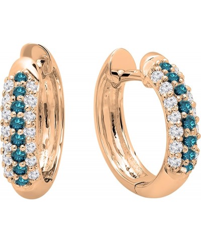 Round Gemstone & White Diamond Pave Set Hinged Post Huggies Hoop Earrings for Her in Gold 18K - Metal Stamp Rose Gold Blue Di...