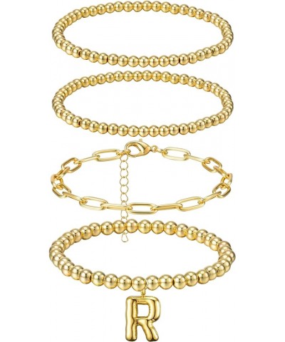 Gold Beaded Initial Bracelets - 5Pcs 14K Real Gold Plated Stretch for Women Dainty A-Z Alphabet Charms Bracelet Stackable Bub...