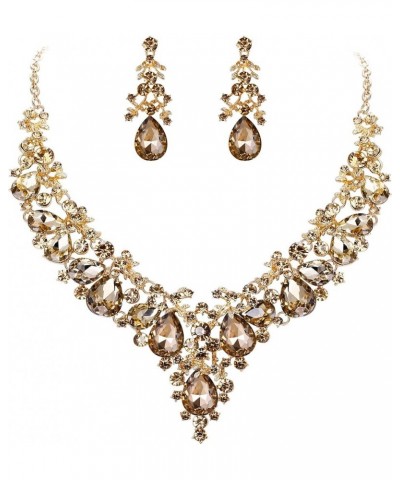 Women's Crystal Elegant Bridal Floral Cluster Teardrop Statement Necklace Earrings Set Crystal_Brown Gold-Tone $12.50 Jewelry...