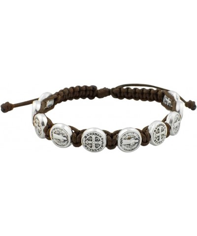 Woven Bracelet with 10 Saint Benedict Medals | Brown Cord and Silver Tone Metal Beads | Patron Saint of Students and Europe |...