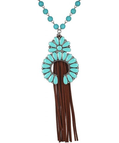 Natural Turquoise Necklace Boho Bead Silver Leather Tassel Vintage Statement Long Pendant Necklace Handmade Turquoise Western...