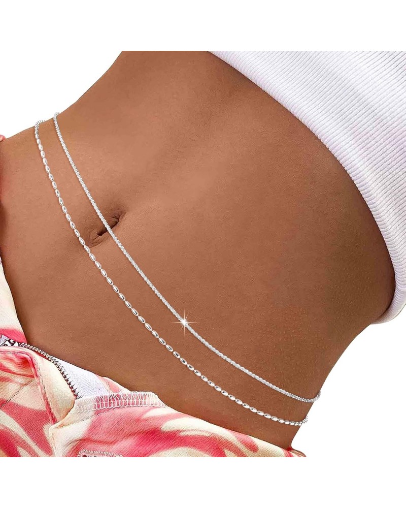 Layered Beaded Body Chain Gold Waist Chain Women Silver Belly Chains Shiny Bikini Jewelry Accessories for Girls (Medium, Silv...