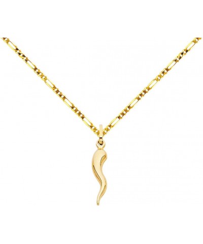 14K Yellow Gold Cornicello Italian Horn Fortune Charm Pendant with 1.9mm Figaro 3+1 Chain Necklace with Jewelry Gift Box $94....