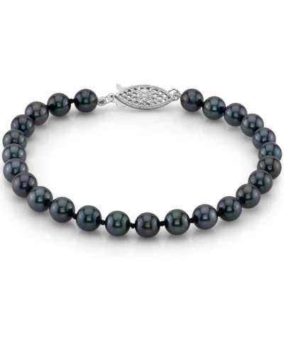 14K Gold 7-7.5mm AAA Quality Round Black Japanese Akoya Saltwater Cultured Pearl Bracelet for Women 6.5 Inches White Gold $12...