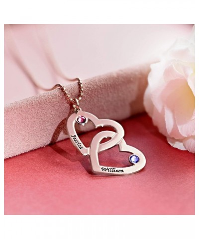 Personalized Engraved 2 Hearts Necklace-Couple Pendant Made with Crystals- Valentine's Jewelry Gift 14.0 Inches Rose Gold Pla...